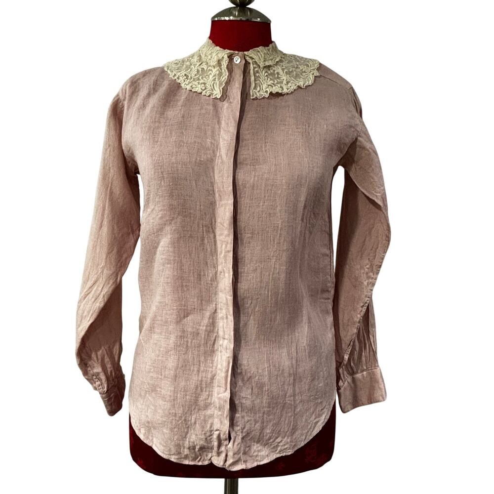 100% linen blouse size 4 light pink & ecru lace ruffle neckline button front